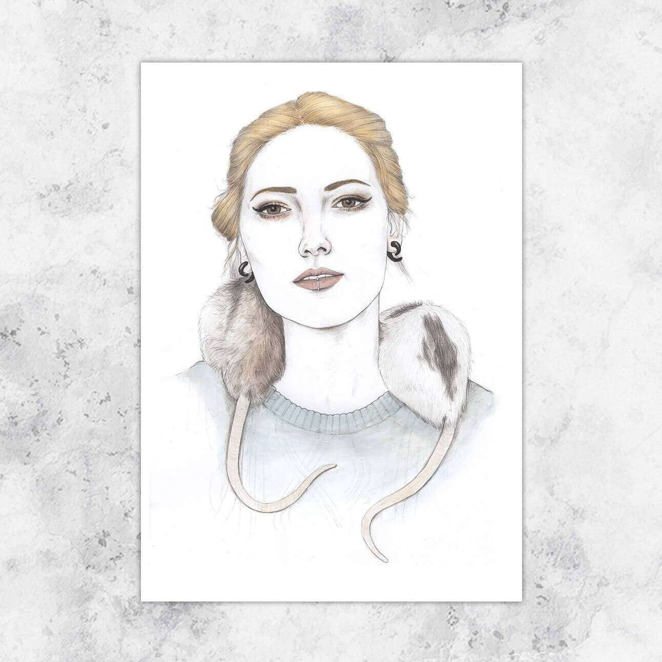 Illustration woman with rat - art print image 0
