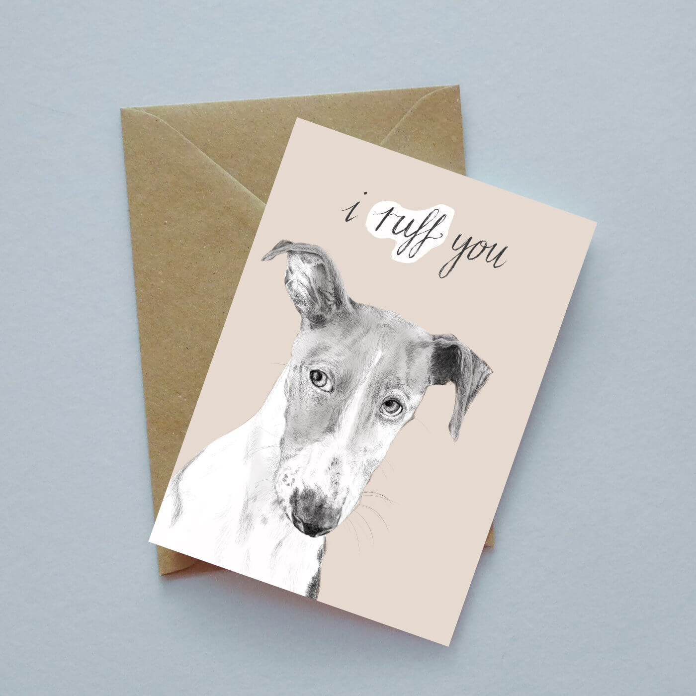 Greyhound 'I ruff you' illustrated greeting card image 0