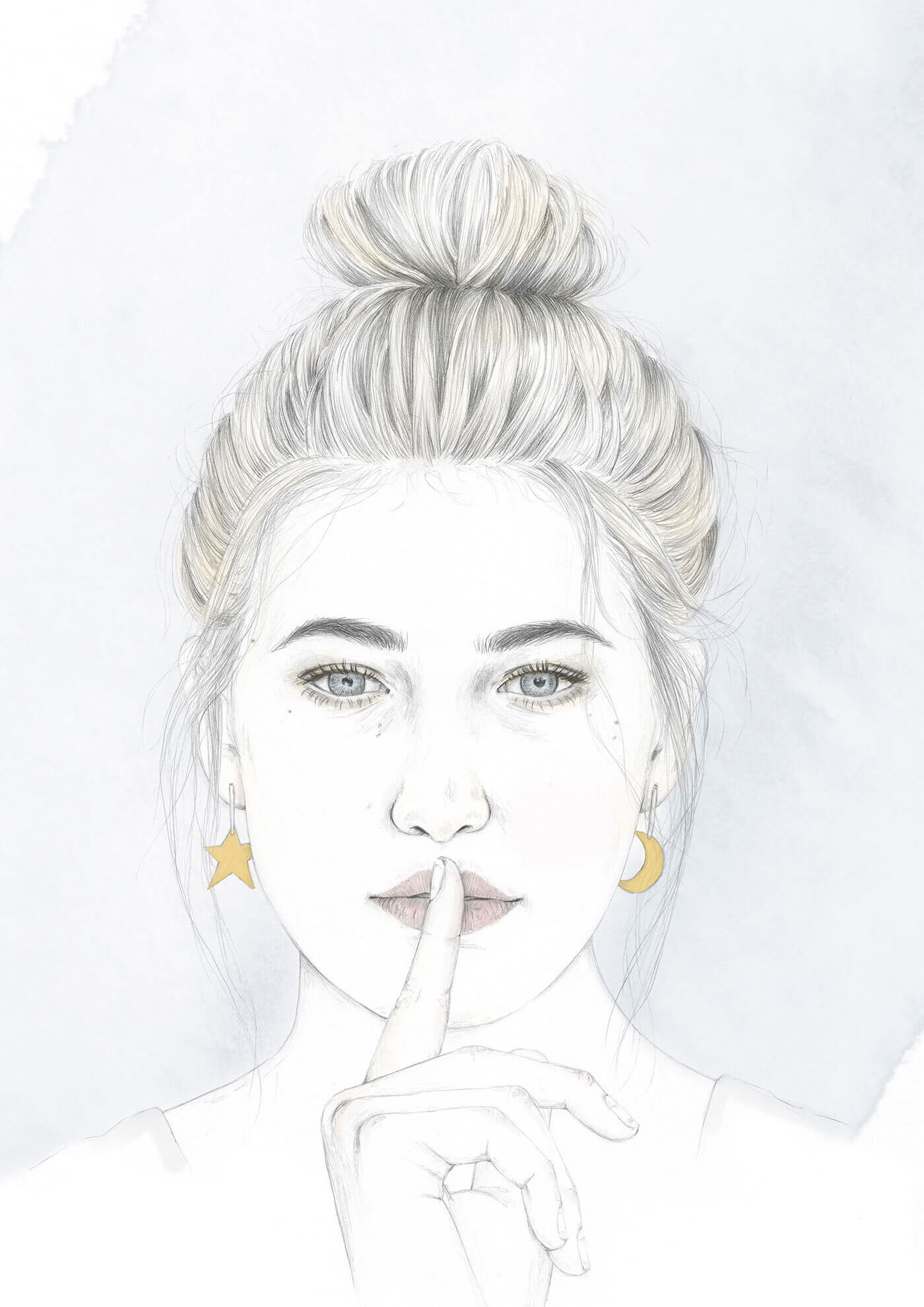 Illustration of a woman with a topknot and a 'shh' gesture on a white background