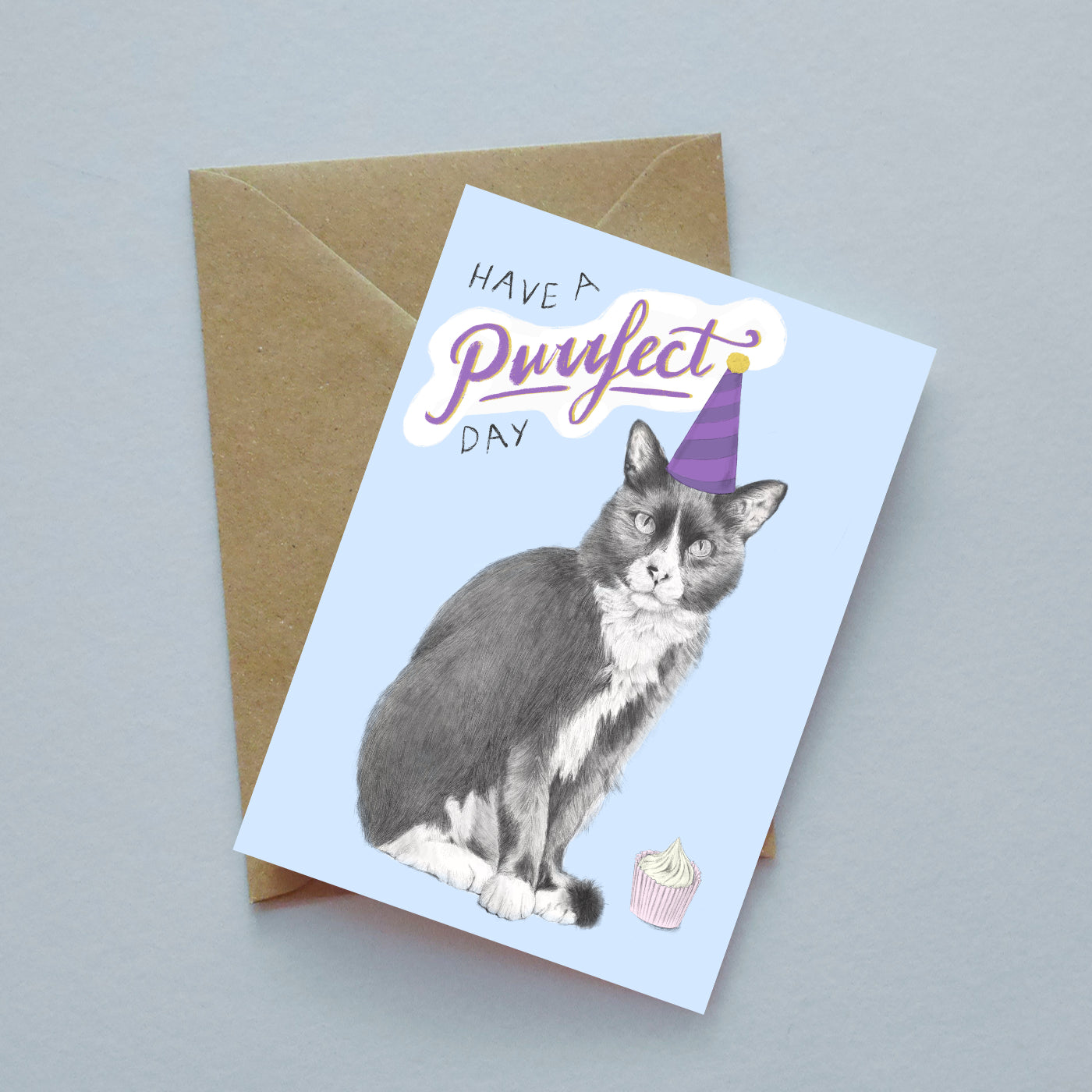 Birthday cat 'purrfect' or blank illustrated greeting card