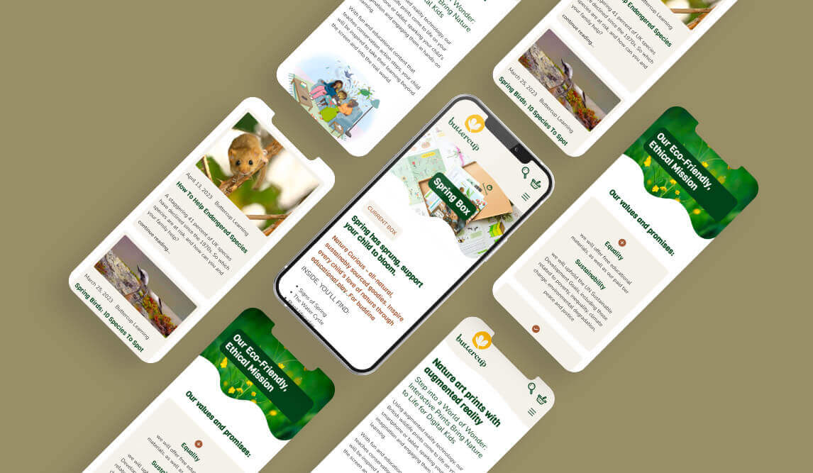 Set of digital product screens with text and images on a beige background