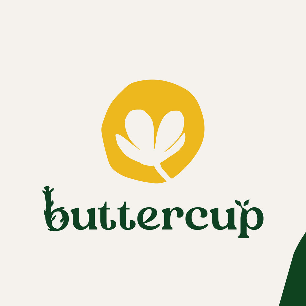 Buttercup logo with a yellow circle and leaf design on a light beige background