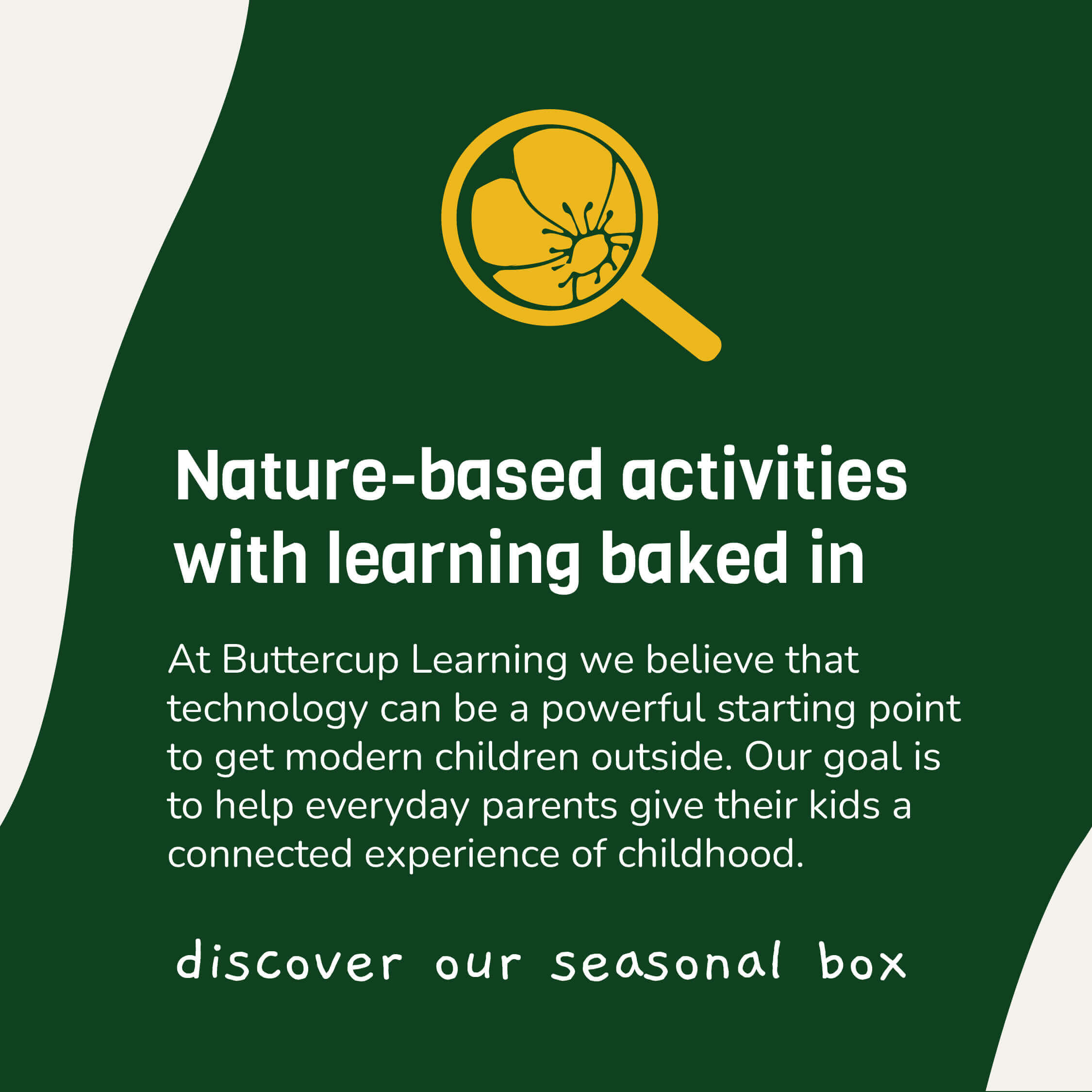 Promotional text for Buttercup Learning with a magnifying glass icon on a green background