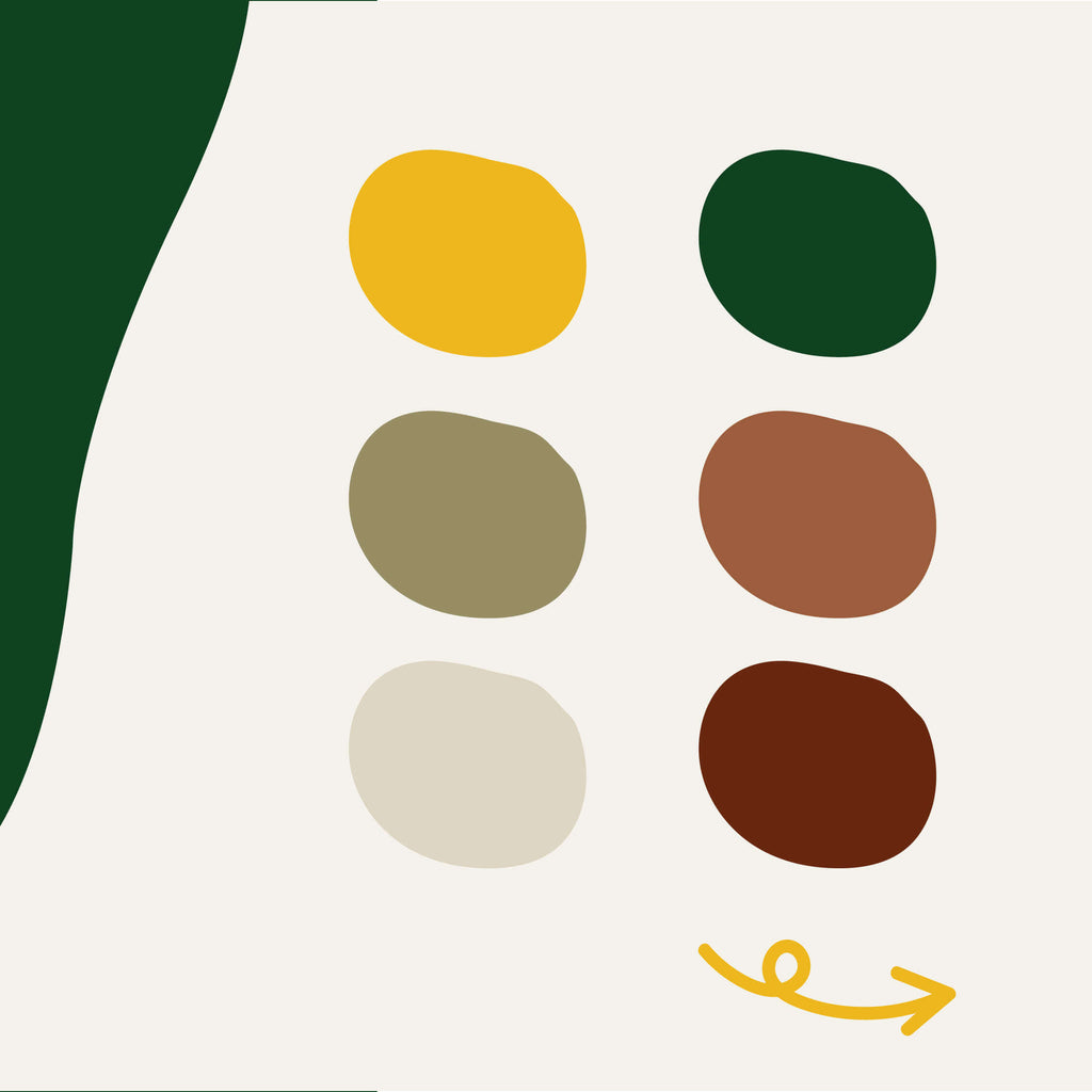 Set of six colored circles on a white background with a yellow arrow.
