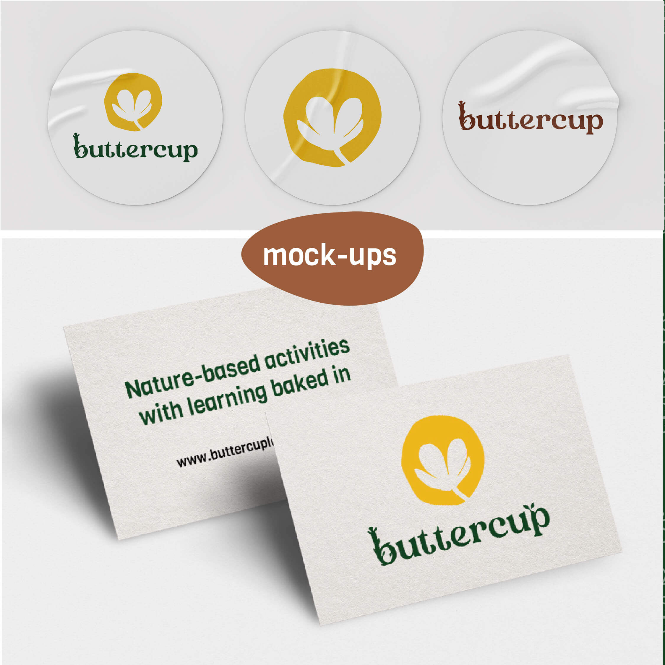 Buttercup brand logos and business card mock-ups on a white background