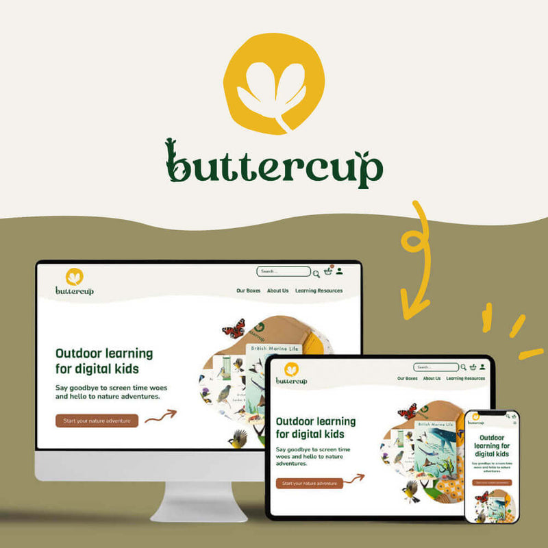 Buttercup brand logo displayed on a computer screen, tablet, and smartphone with a green and brown gradient background.