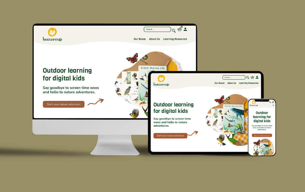 Computer monitor, tablet, and smartphone displaying a website with outdoor learning content.