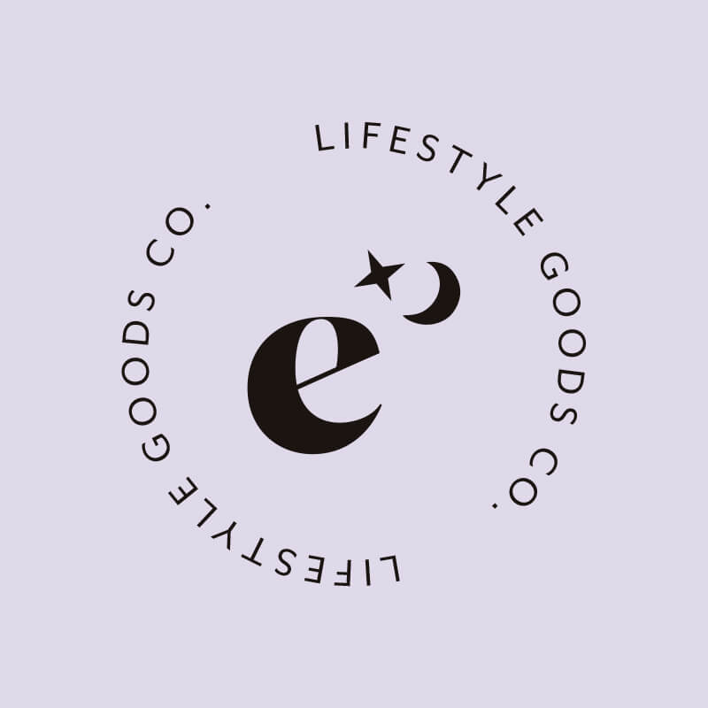 Logo of Lifestyle Goods Co. with a stylized 'e' and text on a light purple background