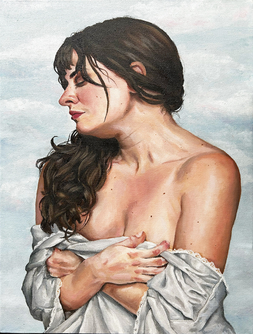 Artistic depiction of a woman with a light fabric draped over her, against a cloudy sky.