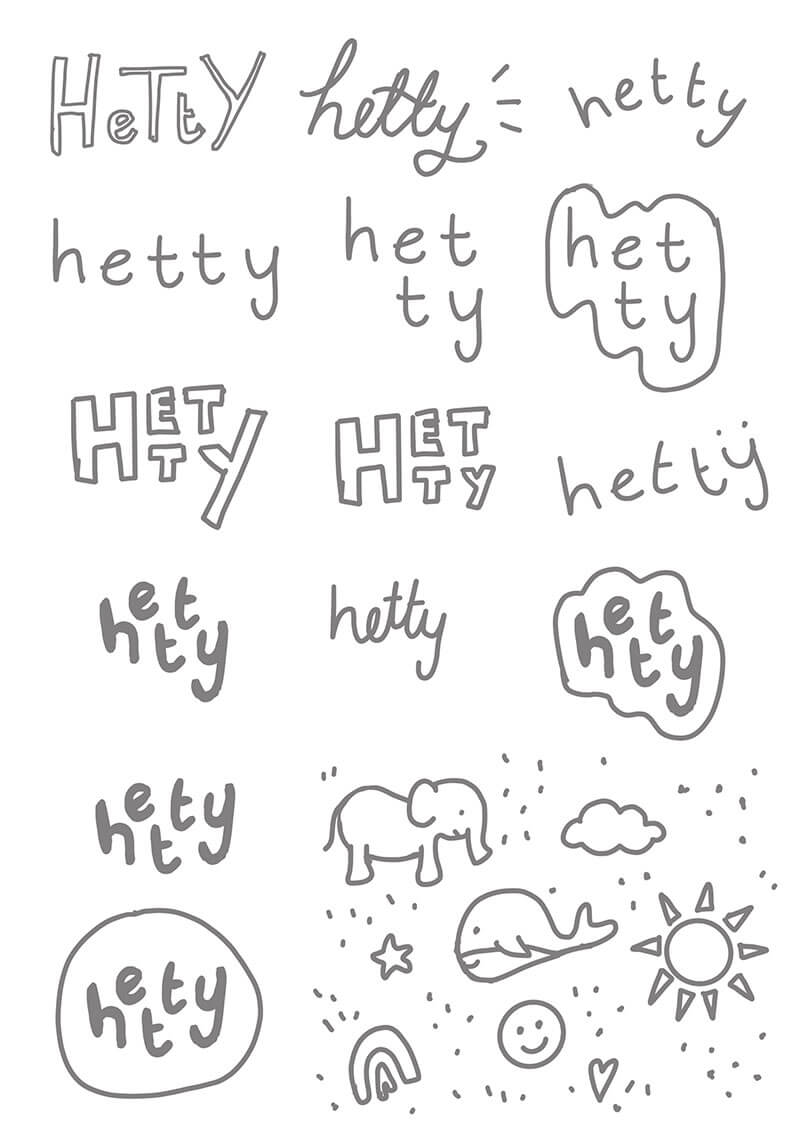 Repetitive text 'hetty' with various styles and elements on a white background