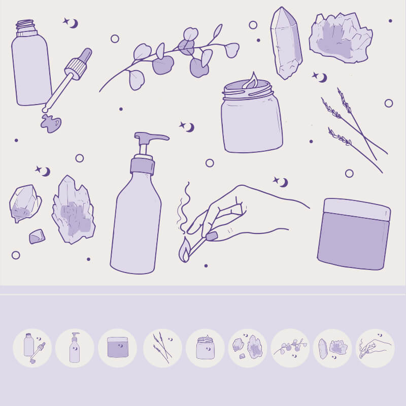 Illustrations of skincare products and elements on a light purple background