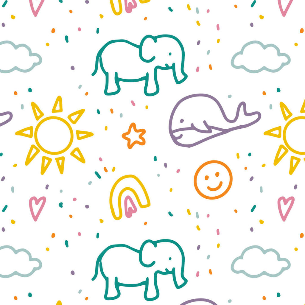 Colorful pattern with elephants, suns, clouds, and other shapes on a white background